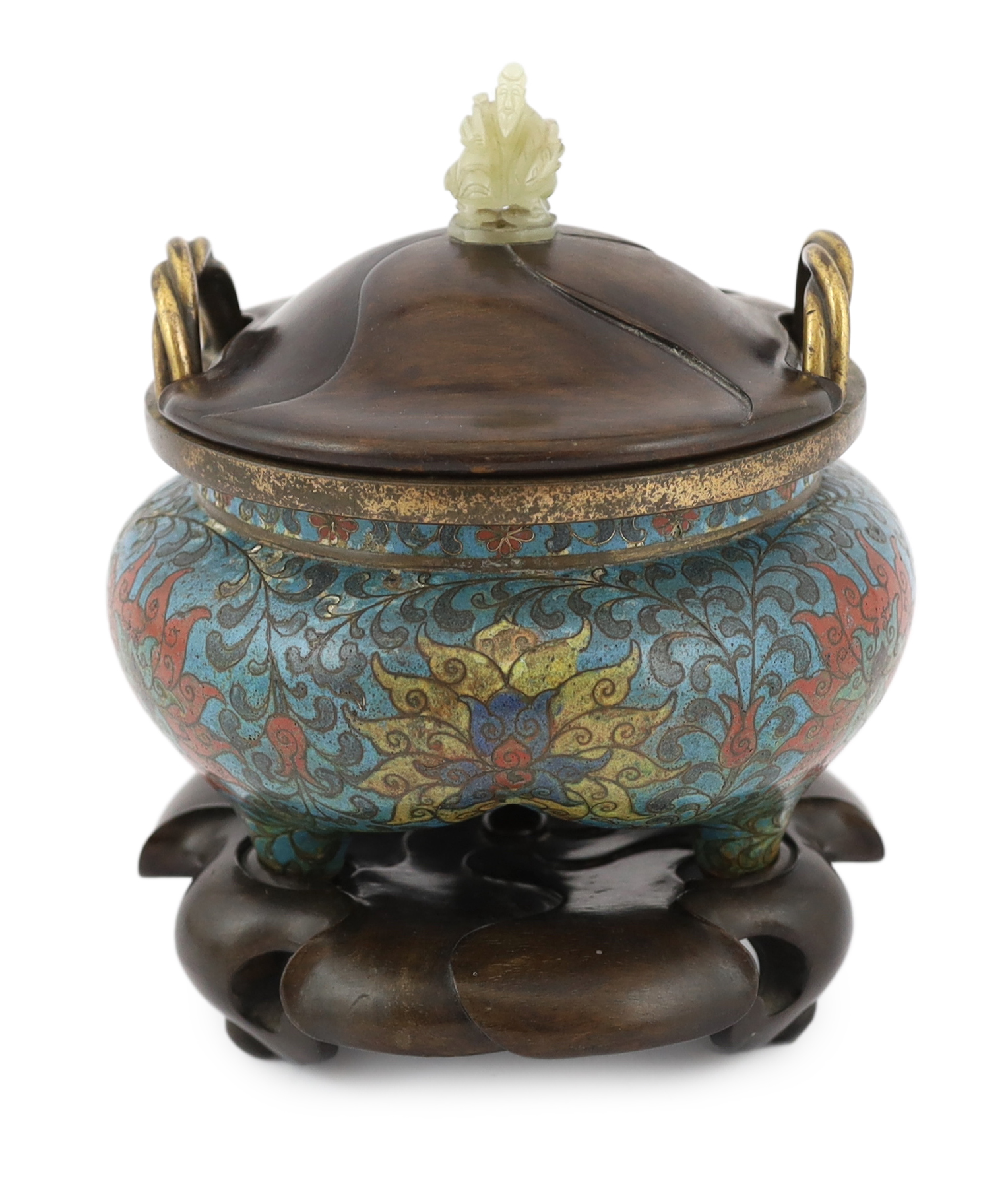 A Chinese cloisonné enamel tripod censer, Li, Xuande six character mark, Ming dynasty, 16th century